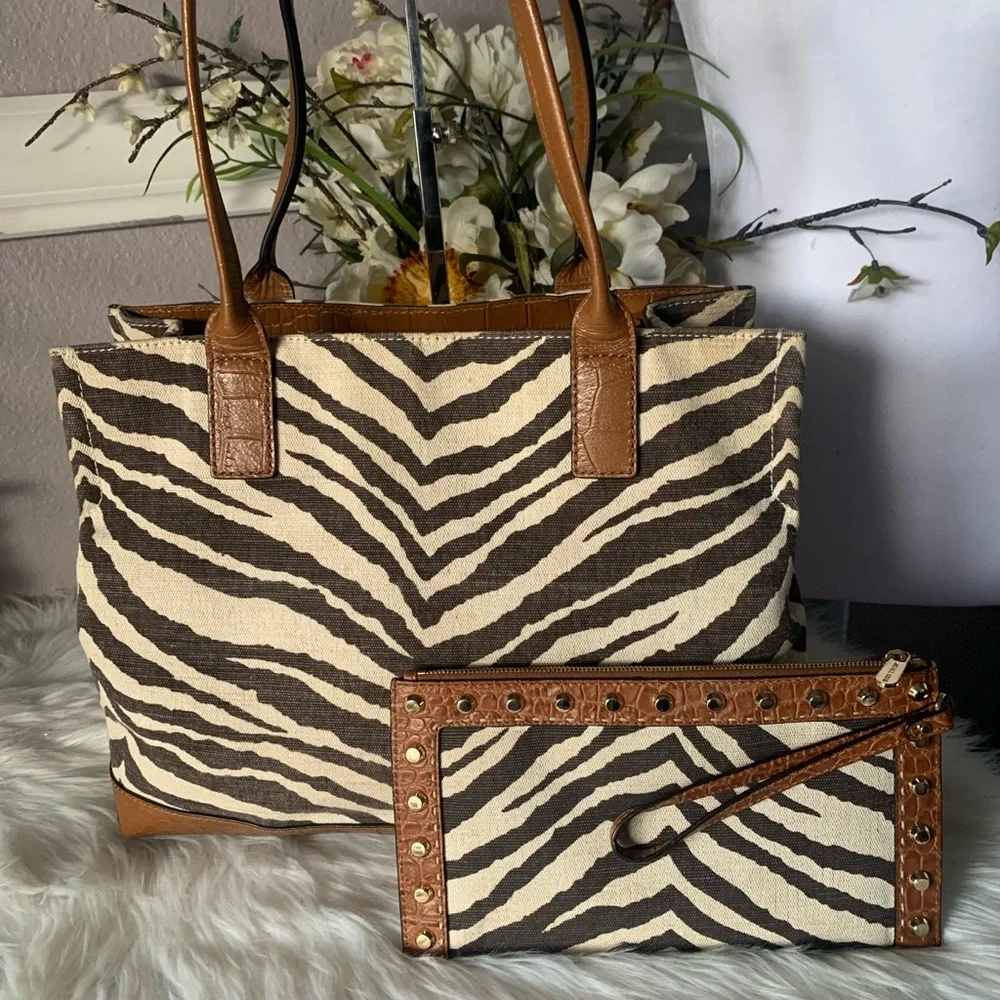 Michael Kors Zebra Print Tote and Clutch Set - Brown